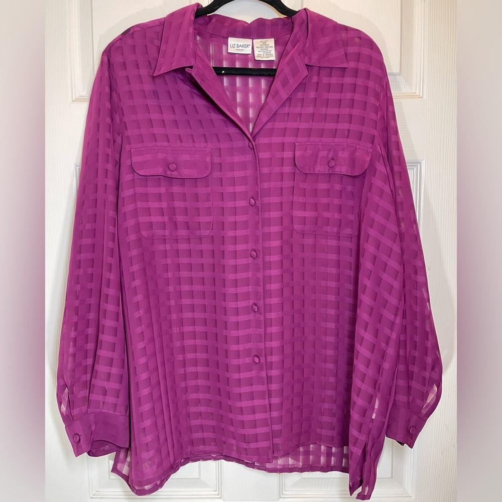 LIZ BAKER Women’s Plus Size Blousr Collared Long Sleeve Sheer Gingham Size 18W